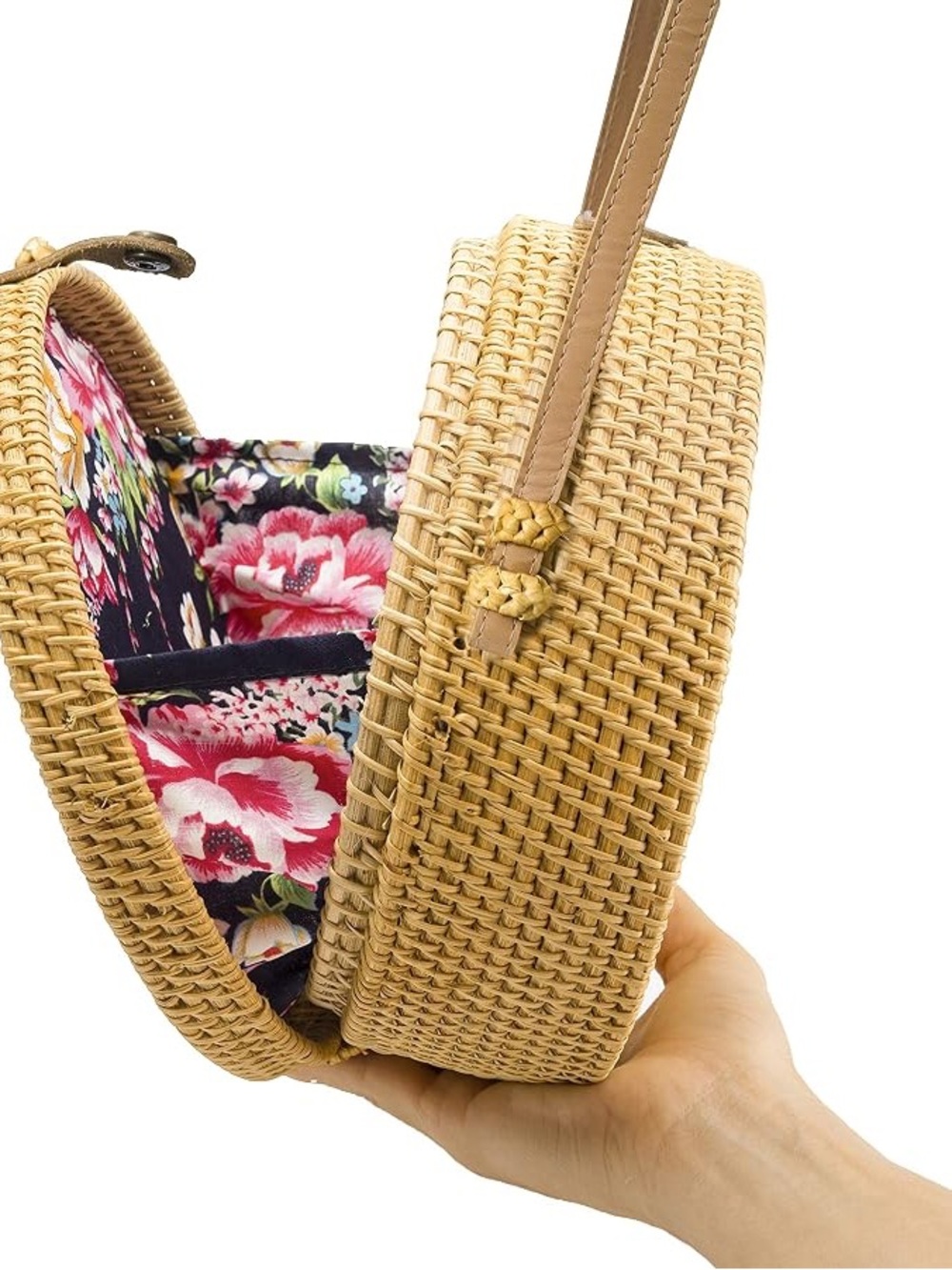 Natural NEO Handwoven Round Rattan Crossbody, Leather Straps & Floral Lining - Picture 6 of 9